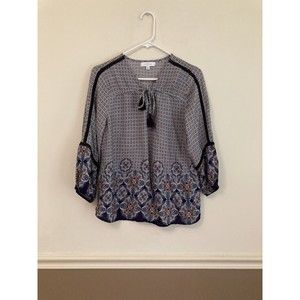 New Directions Boho Peasant Top Shirt Crochet Tassels SMALL